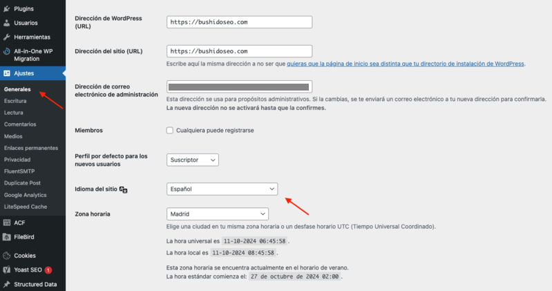 Cambiar el Idioma a WordPress desde la configuración