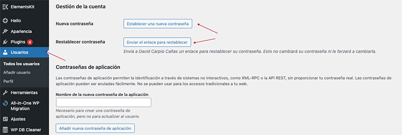 Cambiar clave de usuario de wordpress