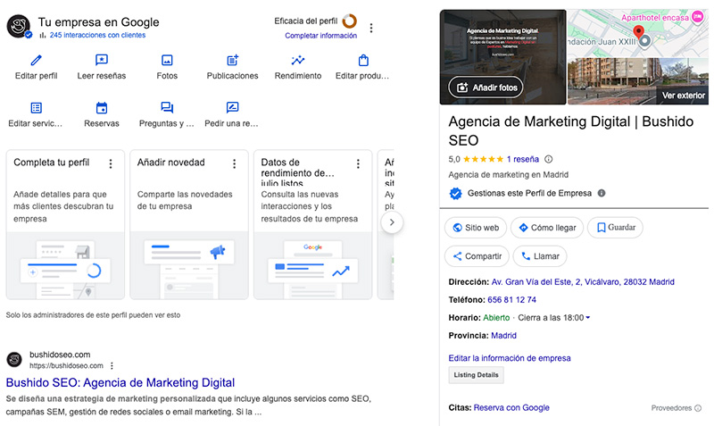 Ficha de Google Bussines Profile de la Agencia Bushido SEO